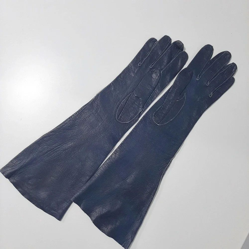 Vintage Kislav Kid Leather Navy Gloves Made in France Sz 7 Opera Length '50's